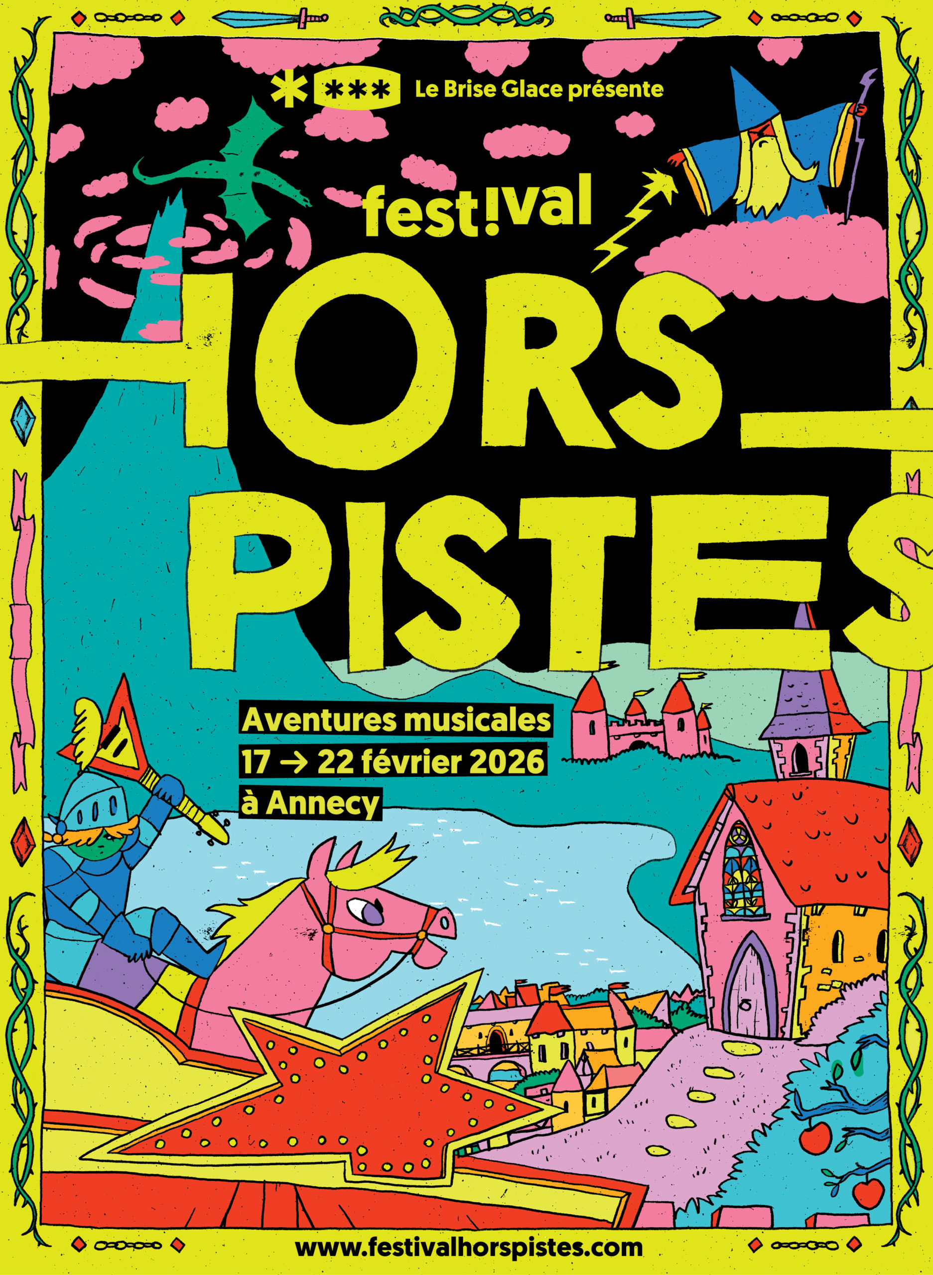 Affiche illustrée du Festival Hors Pistes. Illustration représentant une chevalière sur son cheval, une guitare à la main, devant le lac d'Annecy, avec en fond, la vieille ville, la Chapelle des Forges, et l'Étoile Rouge au premier plan. Style pop coloré et médiéval.